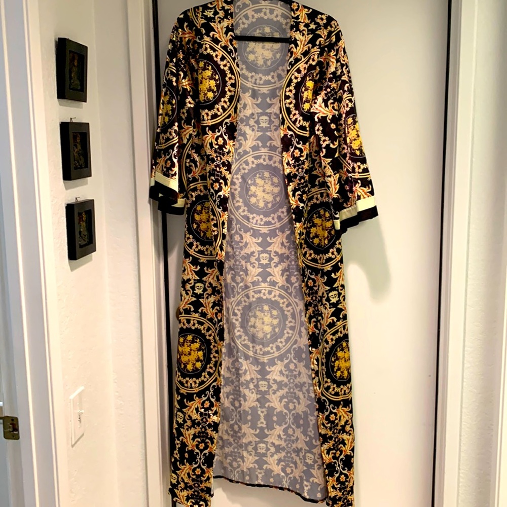 Satin cotton kimono cover up, black & gold